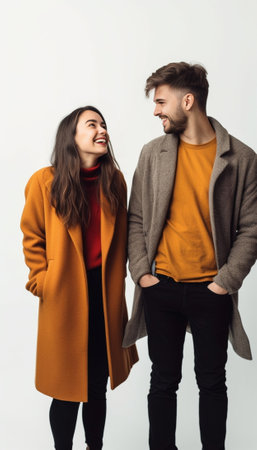 Cool guy and his girlfriend posing with plans on blue background Young happy woman in orange sweater and brunette man in jeans hug : Generative AIの素材