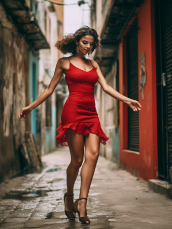 Graceful happy girl dancing on the street Debonair brunette lady in red dress expressing positive emotions : Generative AIの素材