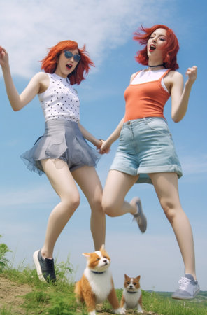 Full length photo of small red haired girl in jeans and black sneakers and her slim smiling sister in short skirt and bright shirt : Generative AIの素材