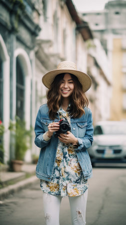 Tired female photographer in trendy denim outfit takes latest pictures standing outside Portrait of charming brunette girl in hat and stylish jacket posing with professio : Generative AIの素材
