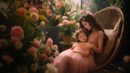 Dreamy young mom enjoying day in orangery with kid Glad female model looking at flowers wich holding her daughter : Generative AIの素材