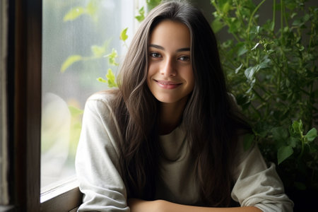 Happy young caucasian girl with smile on face looks out window while sitting on windowsill in morning Brunette with long hair wears green loose shirt Concept of rest and  : Generative AIの素材