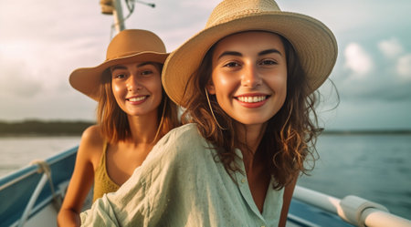 Graceful young woman in beige skirt relaxing with best friend Outdoor portrait of attractive girls wears hats and laughing to camera : Generative AIの素材