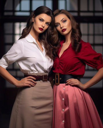 Indoor photo from back of stretching brunette girls in jeans Glamorous darkhaired ladies in vintage attire posing with hands up on pink background : Generative AIの素材