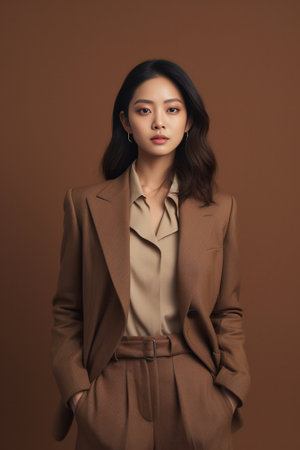 Asian woman in corduroy suit looks into camera on beige background : Generative AIの素材
