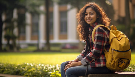 Happy young caucasian brunette girl spends time outdoors during break from classes Student carries backpack and laptop Studying in college concept : Generative AIの素材