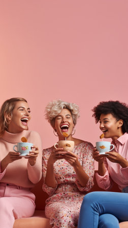 Mixed race girls sharing secrets Studio photo of three young women talking on pink background : Generative AIの素材