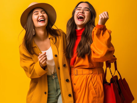 Girls enjoying shopping before holidays Outdoor photo of smiling women standing next to yellow wall : Generative AIの素材