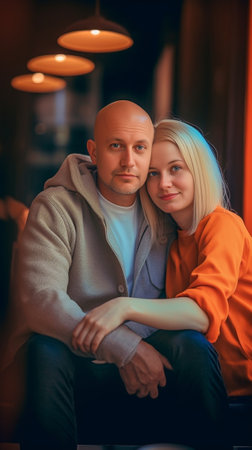 Love story of couple gently look into each others eyes Blonde girl and her boyfriend hugging with smile : Generative AIの素材