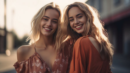 Emotional girls spending weekend together Outdoor shot of female friends having fun on road : Generative AIの素材