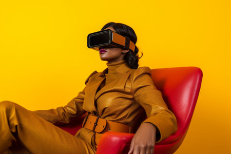 Stylish girl in yellow outfit black shoes and red bandana drinking wine with closed eyes and sitting on modern chair on pink backdrop : Generative AIの素材