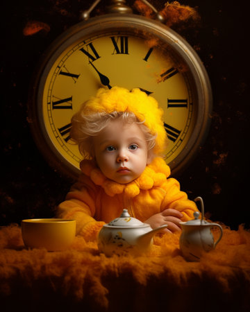 Lovely kid holding big clock Studio shot of enthusiastic caucasian child isolated on yellow background : Generative AIの素材