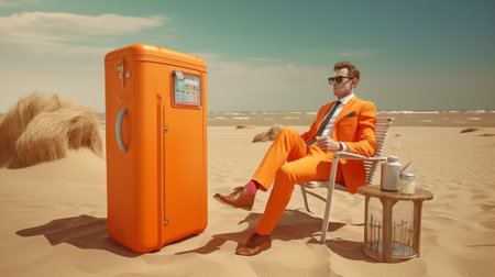 Smiling adult man has trip Tattooed guy in beach white shirt and blue jeans sits on chair next to suitcase and cold cocktail on orange background : Generative AIの素材