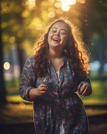 Laughing enchanting girl posing in park Excited lady in casual clothes expressing happiness in summer day : Generative AIの素材