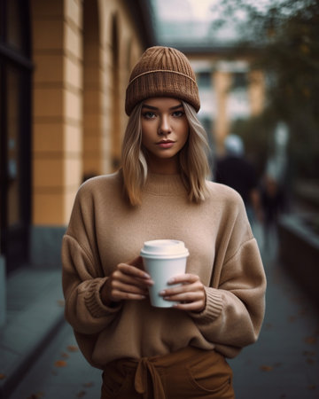 Goodlooking girl in jeans and elegant hat posing under gray sky on embankment Outdoor photo of cute young woman with black manicure drinks coffee on bridge in european ci : Generative AIの素材