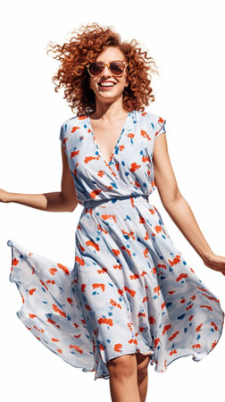 Happy curly long haired woman with eyeglasses and earrings in summer plaid pink and white sundress dancing on blue backdrop : Generative AIの素材