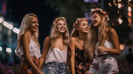 Happy young caucasian girl with friends decorate with garland place for celebration on street Brunette in good mood spends leisure time in nature Weekend concept : Generative AIの素材