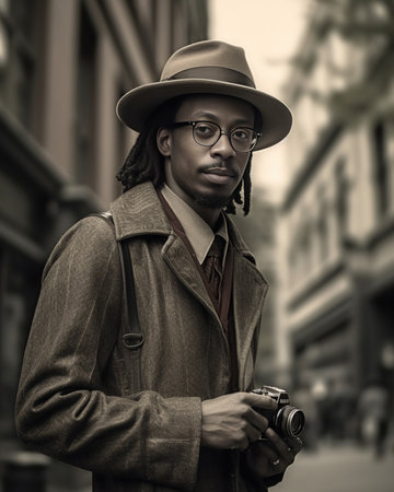 Welldressed african gentleman looking at his wristwatch Outdoor photo of black guy in hat wears leather backpack : Generative AIの素材