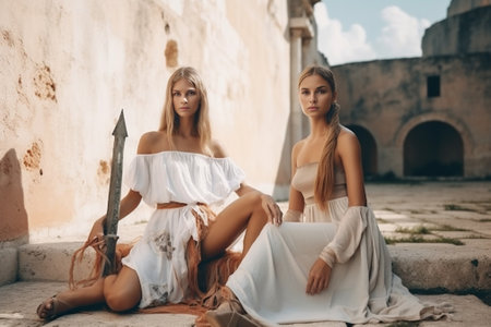 Fulllength shot of two pretty girls in summer sundresses Girls with cute smiles sitting on floor posing : Generative AIの素材