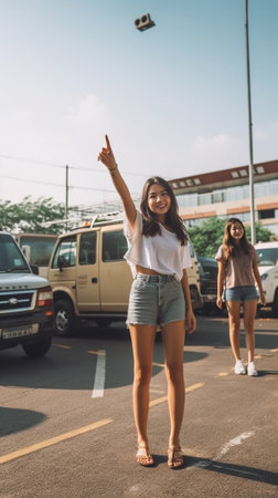 Positive young caucasian brunette girl with backpack waves her hand to say hello outdoor Brunette wears singlet and skirt Concept city life : Generative AIの素材
