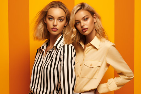 Fulllength portrait of dreamy white women standing on yellow background with intersted face expression Appealing caucasian girls having fun together : Generative AIの素材