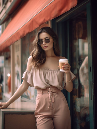 Longhaired woman in black sunglasses standing on the street with cup of tea Outdoor photo of winsome brunette lady in red clothes posing near cafe : Generative AIの素材