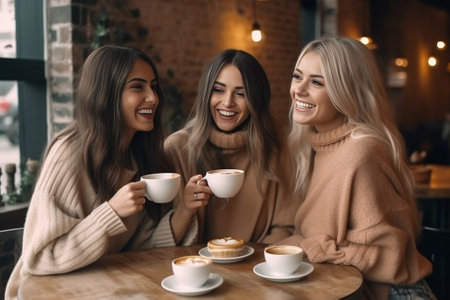 Smiling three young caucasian ladies are having conversation drinking tea spending their leisure time in spring camp Brunettes wear casual clothes Rest time concept : Generative AIの素材
