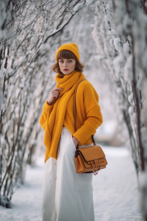 Fulllength portrait of beautiful female model wears gray coat in cold winter day Wonderful caucasian girl in yellow shirt having fn outdoor in snowfall : Generative AIの素材