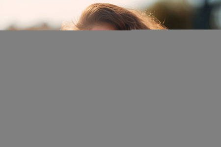 Outdoor closeup portrait of cute smiling girl in glasses touching white earphones Fascinating young woman with darkbrown curly hair laughing while posing in front of fash : Generative AIの素材