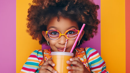 Portrait astonished joyful little girl holding glass with juice expressing to camera isolated on pink background Funny cute kid in princess mask celebrating having fun in : Generative AIの素材