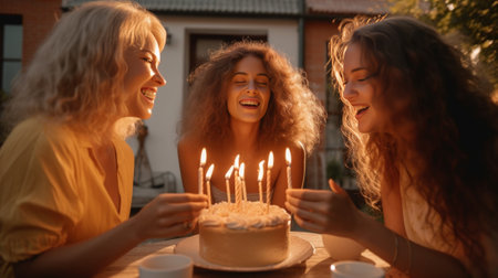 Pretty young caucasian women holding cake with candles having drink posing at camera outdoors Brunettes blonde smile teeth wear casual clothes Lifestyle concept : Generative AIの素材
