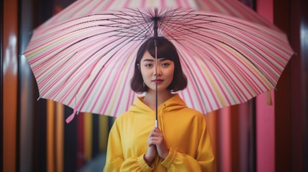 Relaxed pretty girl in yellow coat holding paper heart Indoor photo of wonderful shorthaired woman sitting under parasol during photoshoot in valentines day : Generative AIの素材