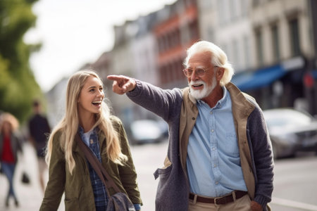Positive man with grey hair in light shirt and jeans with camera laughing with blonde lady in hat sunglasses and striped blue shirt in park : Generative AIの素材