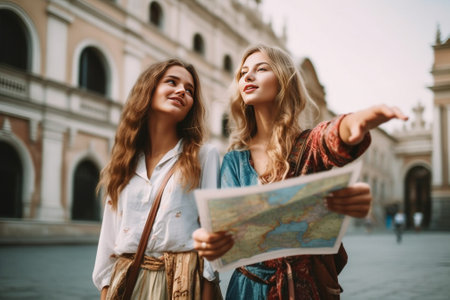 Outdoor photo of two girls enjoying sightseeing Gorgeous female tourists exploring city with map : Generative AIの素材