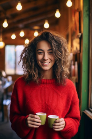 Nice young woman touches her earring and looks into camera with smile Girl in red sweater enjoys tea in cafe : Generative AIの素材