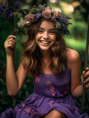 Positive brunette with dimples radiates joy Snapshot of cute curly lady with lovely huge purple flowers : Generative AIの素材