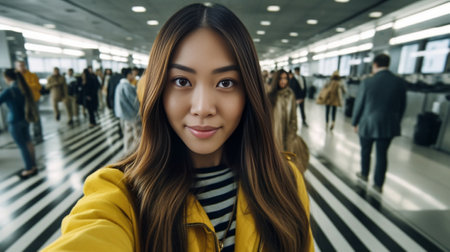 Portrait of pretty girl with long hair in glasses sitting outside in airport She wears yellow sweater with black jacket and jeans She leaned to the suitcase and smiling t : Generative AIの素材