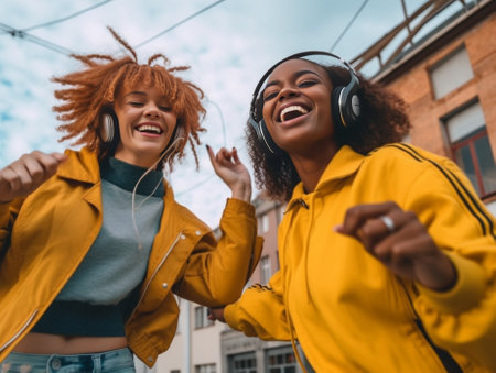 Laughing african girl in headphones and yellow glasses making selfie sitting on the bench with university mates Excited female student taking picture of herself and her a : Generative AIの素材