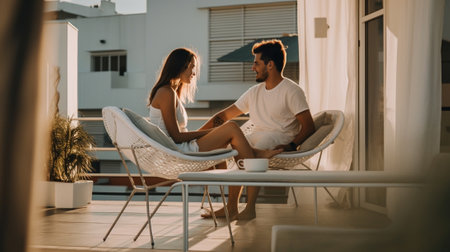 Positive caucasian man talking with wife Enchanting woman sitting at balcony with boyfriend : Generative AIの素材