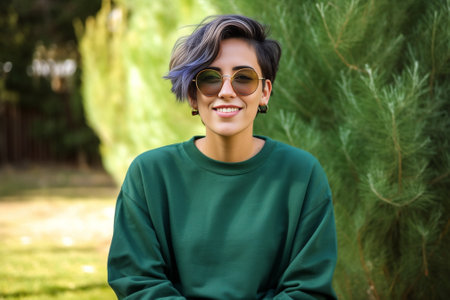 Portrait of interested white girl with short hair posing in dark sunglasses Outdoor photo of blissful stylish woman in green sweater chilling in weekend : Generative AIの素材