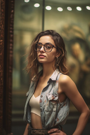 Romantic brownhaired girl in trendy heart glasses posing with shy smile Indoor photo of graceful young woman in summer attire and accessories : Generative AIの素材