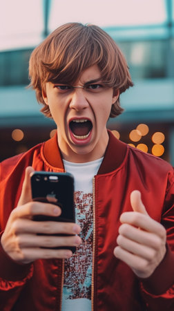 Surprised man in norwegian sweater texting message Indoor photo of handsome cheerful guy in new year red attire holding phone : Generative AIの素材