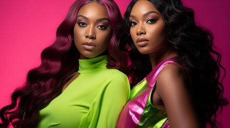 Top shot young interracial women with closed eyes sitting posing against blank background European and african girls in pink and green bright outfits in relaxed state Con : Generative AIの素材