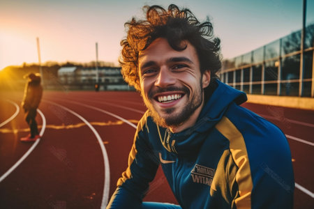 Young handsome guy sitting on running track in the morning on stadium He wears gray sport suit He is listening to music and using phone : Generative AIの素材