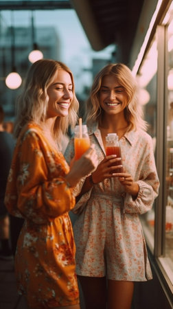 Lovely ladies wears similar straw hats having fun together enjoying icy fruit cocktails in summer day Indoor portrait of two female friends smiling and joking in cafe whi : Generative AIの素材