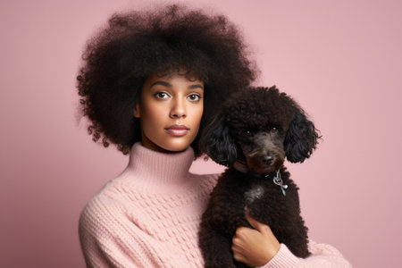 Studio shot of two friends with dog Curly girls playing with puppy on pink background : Generative AIの素材