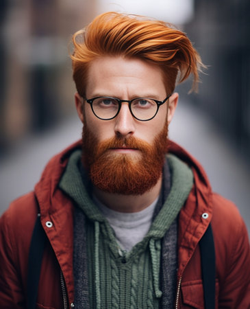 Positive fashionable guy with brown hair and red beard in white tshirt and denim modern jacket showing at big clock and looking into camera : Generative AIの素材