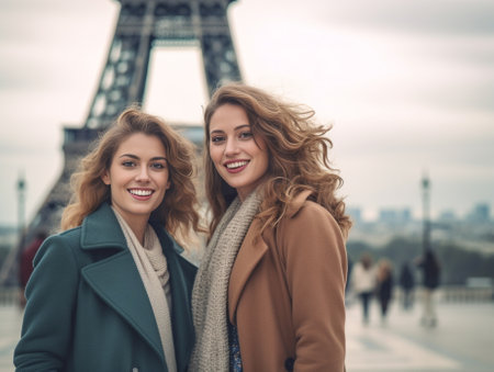 Excited woman with wavy hair posing in autumn day with friend Outdoor photo of two pretty sisters standing on city background : Generative AIの素材