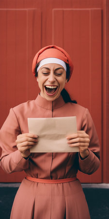 Excited girl in red beret using smartphone for selfie on the street Cute caucasian lady taking picture of herself and looking to phone screen : Generative AIの素材