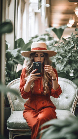 Romantic woman in casual clothes making selfie with cup of tea Winsome white girl in hat and red jaket drinking coffee beside old palace and taking picture of herself : Generative AIの素材